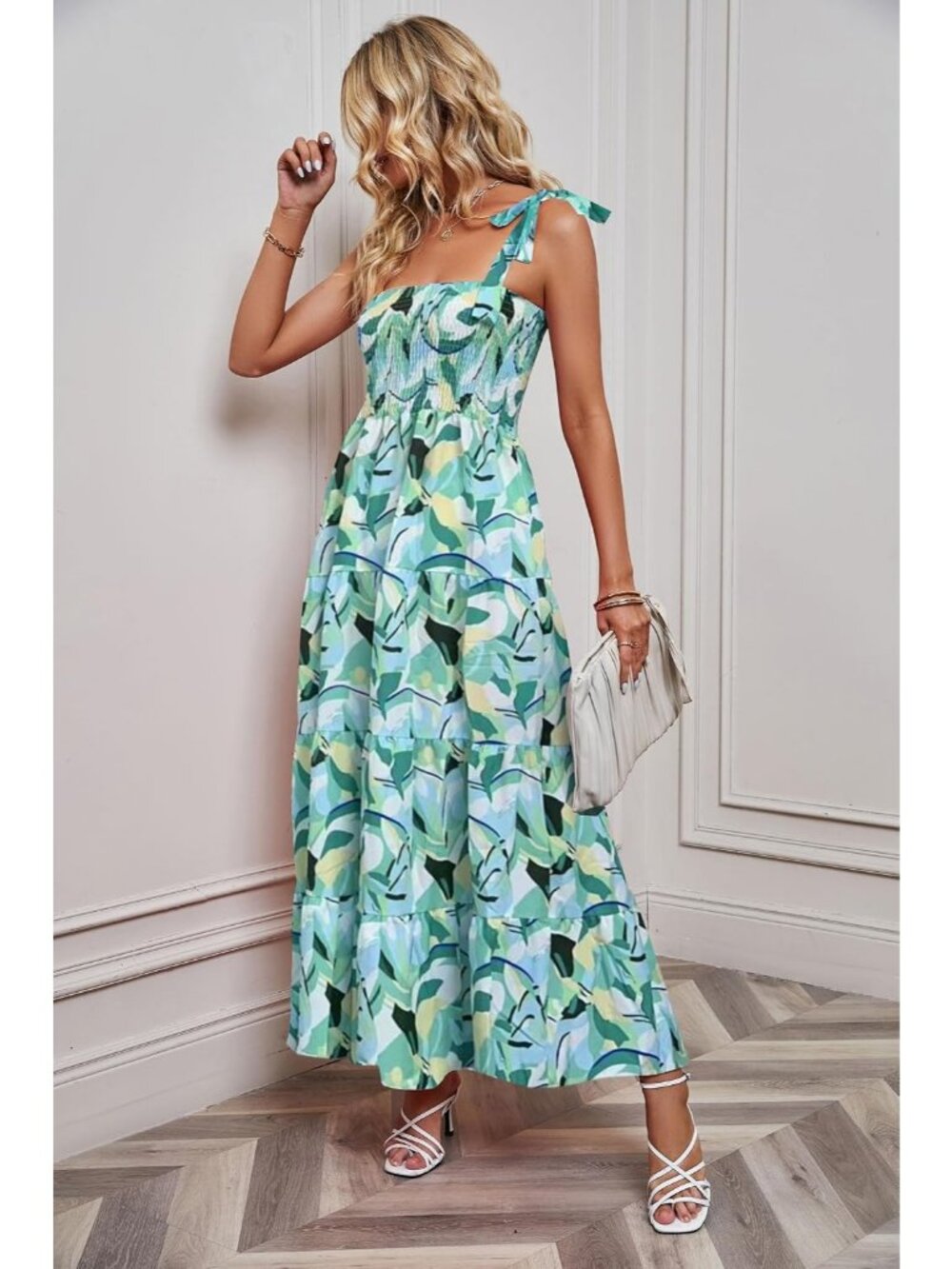 Women's Green Floral Sleeveless Square Neck Ruffle Flowy Imported Maxi Dress - Picture 3 of 5